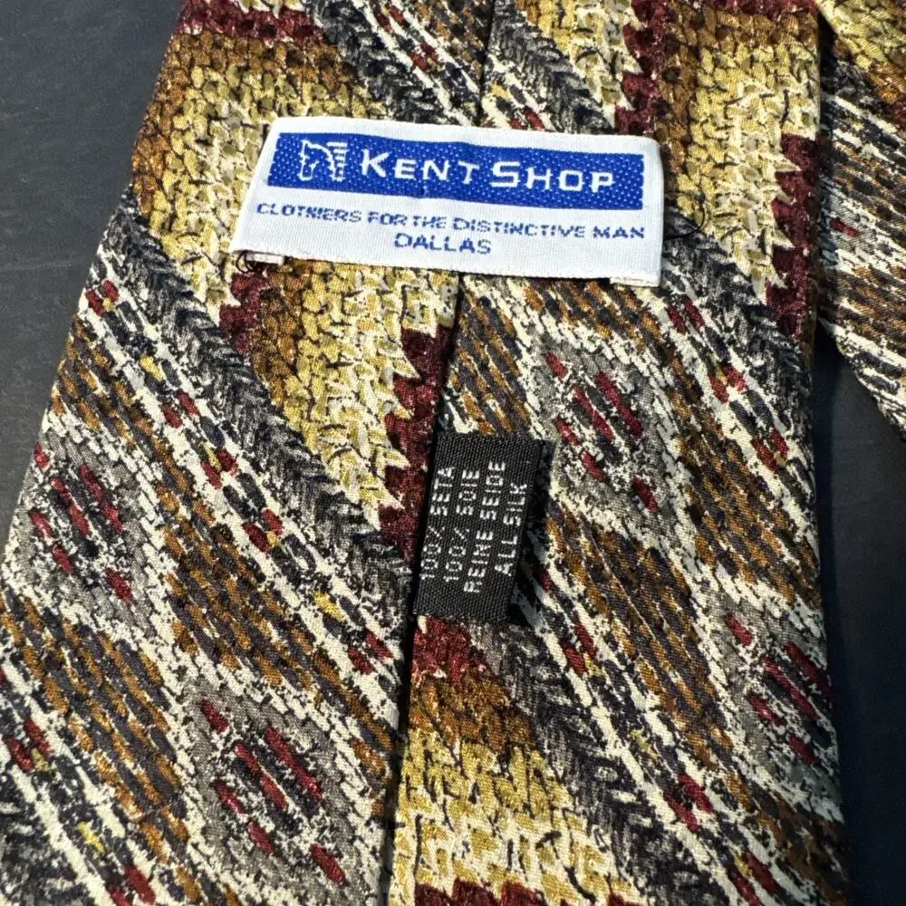Kent Shop 100% Silk Necktie 4” Wide Retro Handmade Brown Gray Cream Gold‎